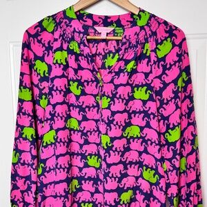 Lily Pulitzer Silk Tusk in Sun Pink Elephant Blouse Buttons Loose EUC Size XXS